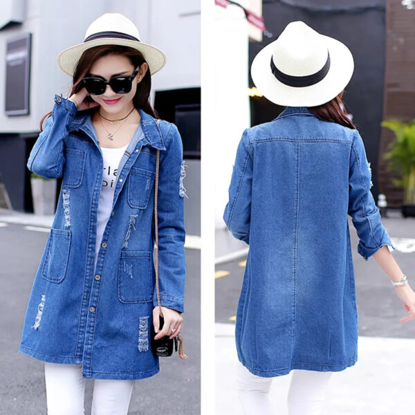 Women's Loose Ripped Mid-length Denim Jacket - Image 2