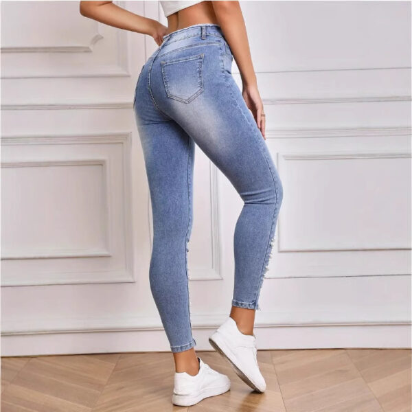 Women's High Waist Stretch Denim Trousers Pearl Ripped Tassel - Image 2