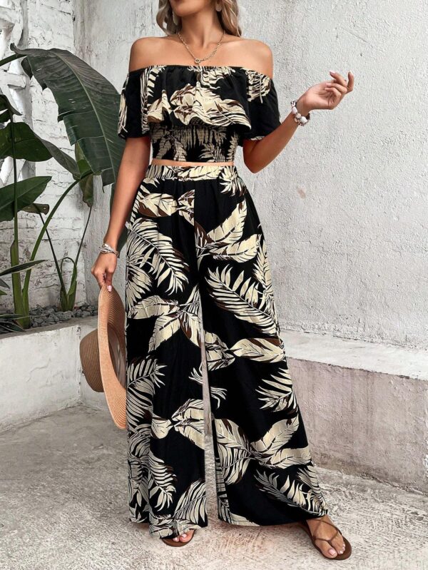 Ladies' Tropical Printed Off Shoulder Top With Lace Trim And Wide Leg Pants Set - Image 4