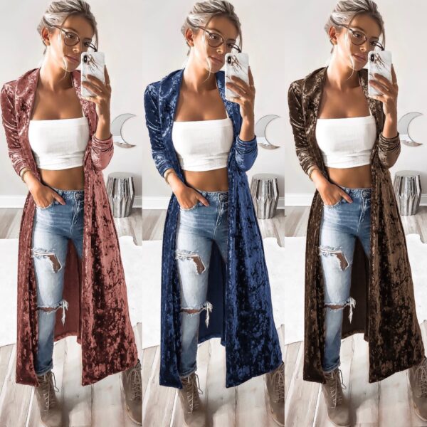 Long Sleeve Velvet Cardigan Windbreaker Long Coat Lady - Image 3