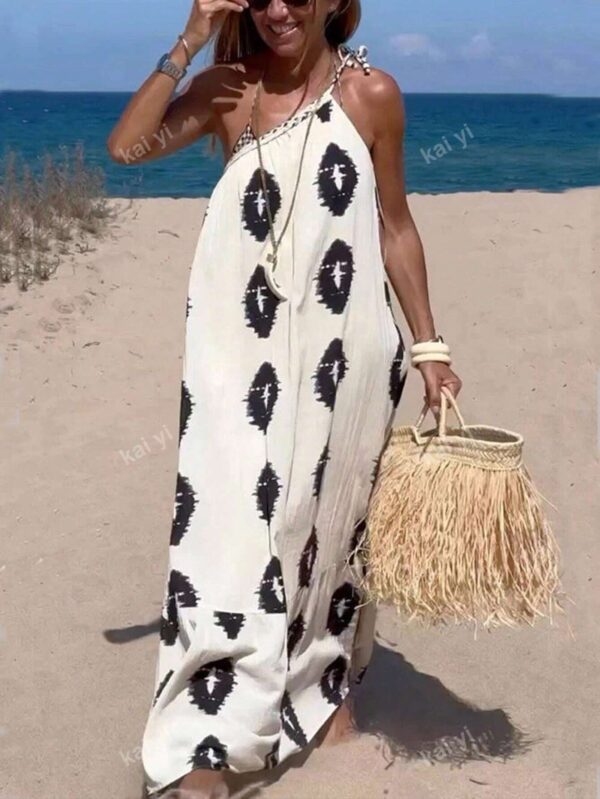 Neckline Tie-Up Allover Allover Print Sexy Boho Sleeveless Dress - Image 5