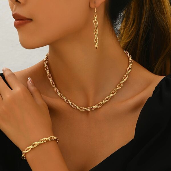 14K Gold Plated Stylish Gold Chain Link  Necklace, Bracelet, And Earring Set