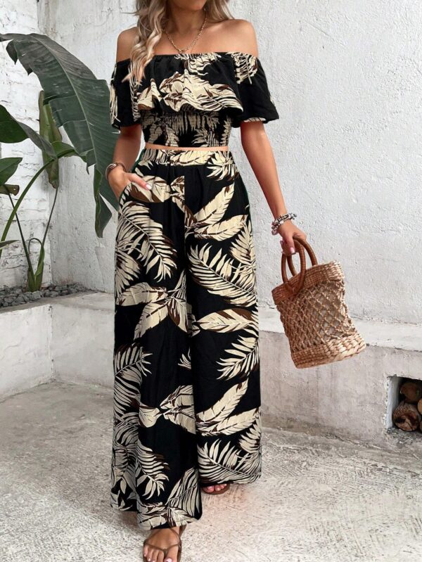 Ladies' Tropical Printed Off Shoulder Top With Lace Trim And Wide Leg Pants Set - Image 2