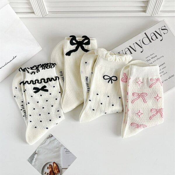 Three-dimensional Curling Polka Dot Bow Female Ballet Style Pure Cotton Mid-calf Length Socks