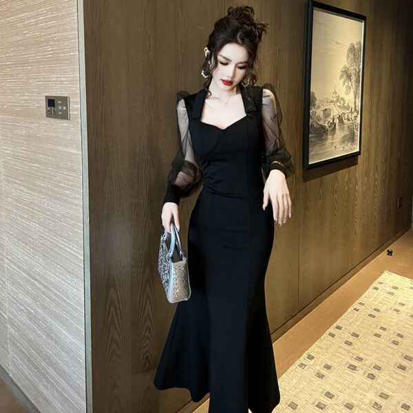 French Style Square Collar Long Dress For Women Hepburn Style Elegant Socialite Mesh Puff Sleeve Fishtail Dress - Image 3