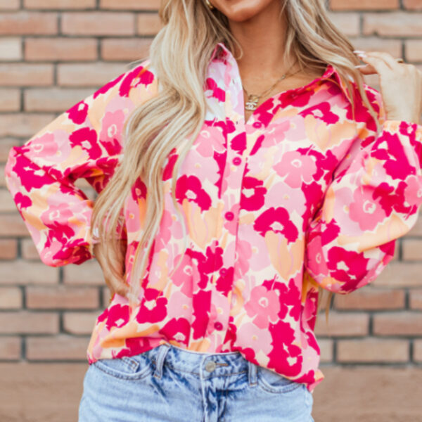 Blooming Floral Print Puff Sleeve Buttoned Shirt