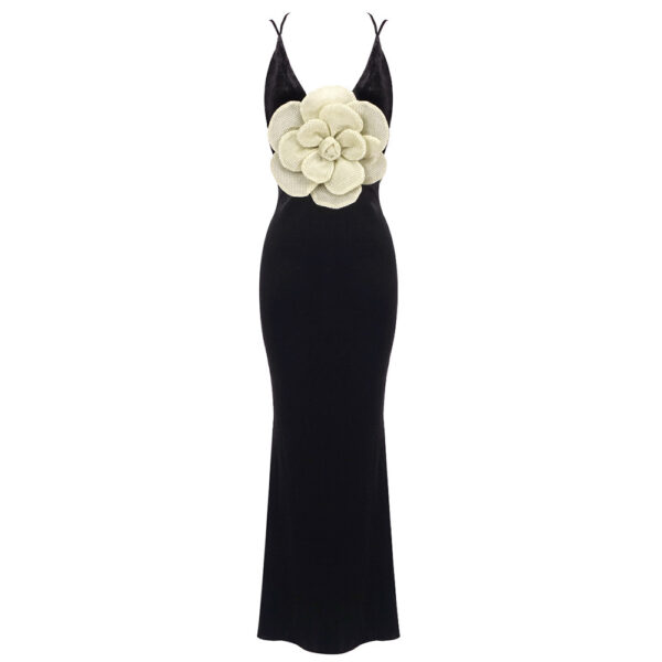 Black Camisole Backless Slim Fit Golden Flower Dress - Image 4