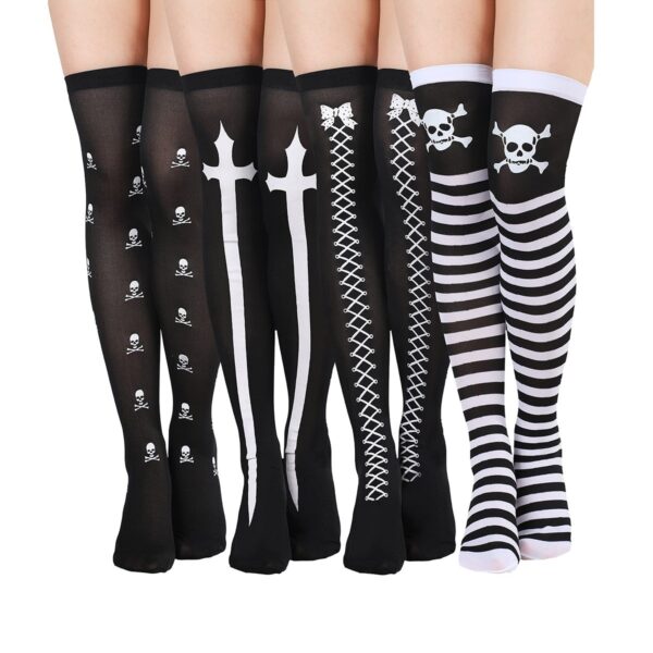 Halloween Printing Craft Spider Web Bat Skull Castle Pattern Over The Knee Stockings