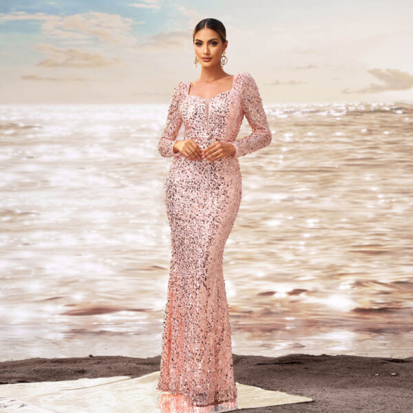 Long Sleeve Square-neck Sequined Sheath Fishtail Evening Dress - Image 5