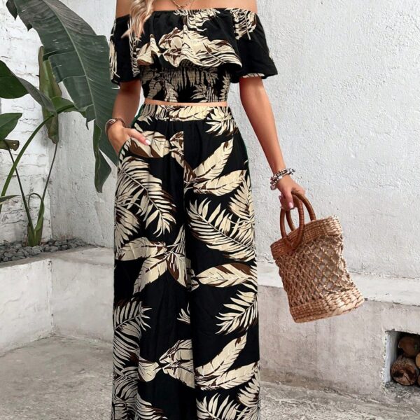 Ladies' Tropical Printed Off Shoulder Top With Lace Trim And Wide Leg Pants Set