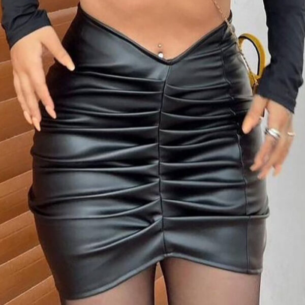 European And American Style Fashion Temperament Pure Color Pleated PU Sheath Skirt - Image 3