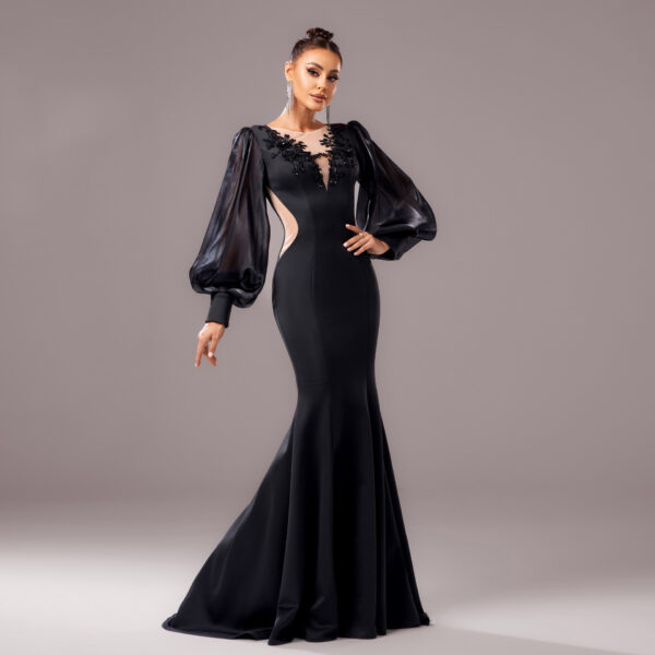 Long Sleeve Round Neck Banquet Applique Sheath Fishtail Dress - Image 2