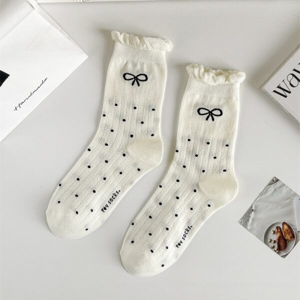 Three-dimensional Curling Polka Dot Bow Female Ballet Style Pure Cotton Mid-calf Length Socks - Image 8