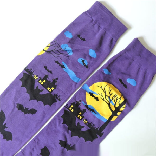 Halloween Printing Craft Spider Web Bat Skull Castle Pattern Over The Knee Stockings - Image 2