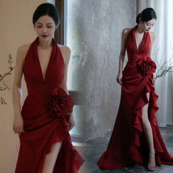 Socialite Style Wine Red Elegant Halter Bride Wedding Toast Dress - Image 6