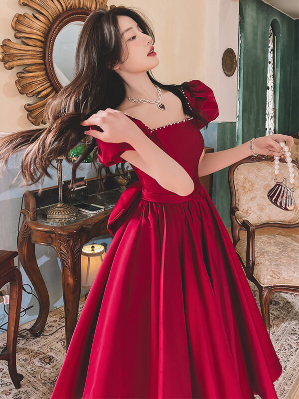 Winter Wine Red Engagement Daily French Princess On The Run Satin Dress - Image 6