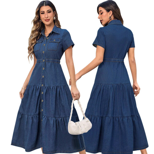 Denim Lapel Short Sleeve Waist-controlled Cardigan Long Dress - Image 6