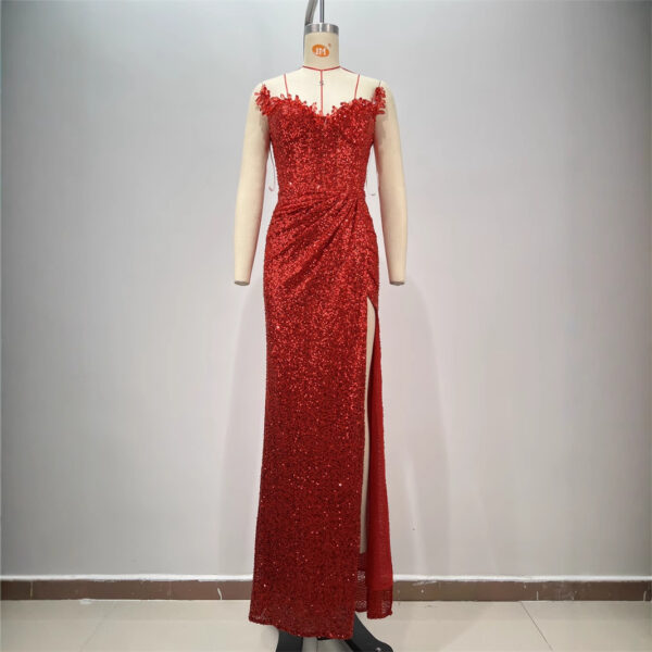 Drop-shaped Diamond Sexy Low-cut High Sitt Red Paillette Tube Coat And Dress - Image 5