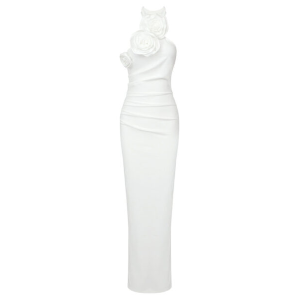 New Style White Ribbon Flower Halter Long High Sense Dress - Image 4