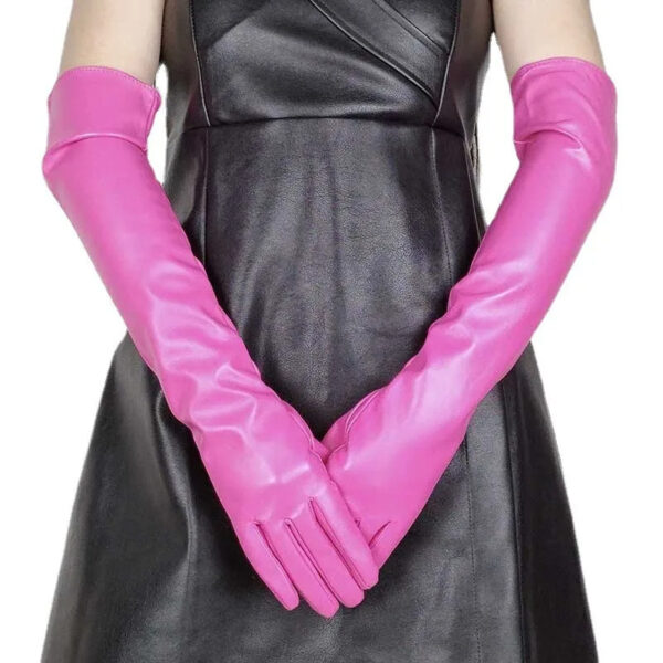 Faux Leather Long Fashion Women's Black Glossy Warm Gloves For Stage Performance - Image 5