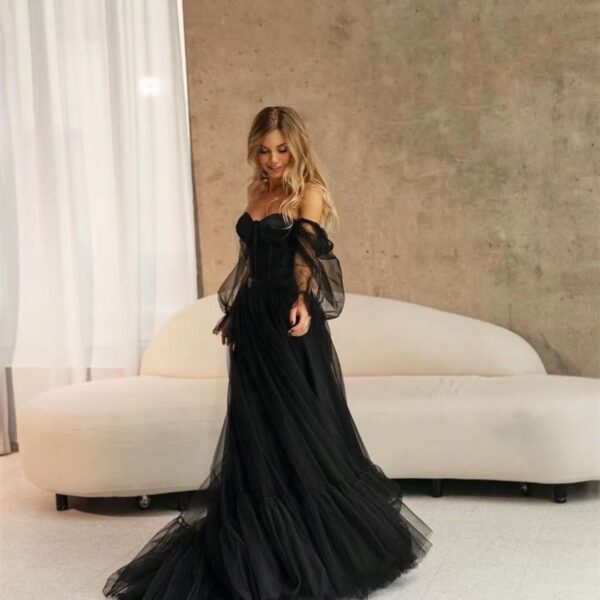 Women's Long Sleeve Transparent Lace Black Wedding Dress - Image 6