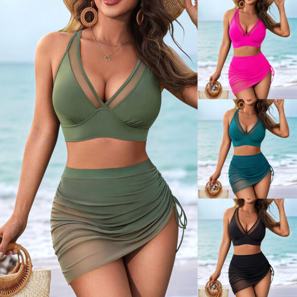 Fashion Solid Color European And American Stitching Drawstring Split Women's Swimsuit