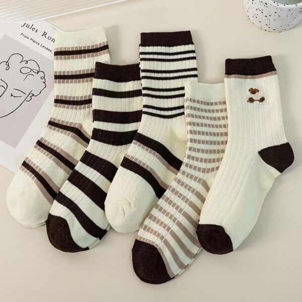 Cute Autumn And Winter Brown Striped Couple Socks - Image 10