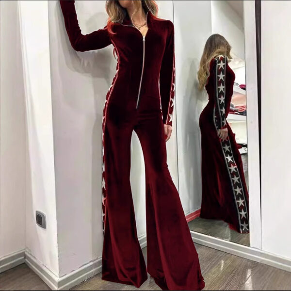 Fashion Velvet Stitching Printing Long Sleeve Wide Leg Jumpsuit - Image 2