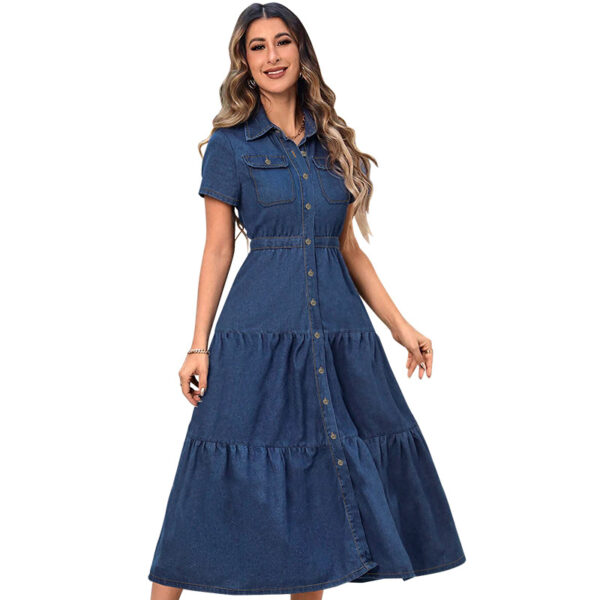 Denim Lapel Short Sleeve Waist-controlled Cardigan Long Dress - Image 3