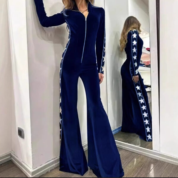 Fashion Velvet Stitching Printing Long Sleeve Wide Leg Jumpsuit - Image 4