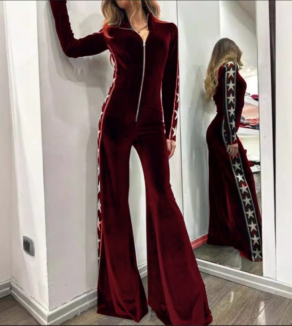 Fashion Velvet Stitching Printing Long Sleeve Wide Leg Jumpsuit - Image 7