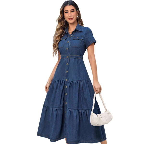 Denim Lapel Short Sleeve Waist-controlled Cardigan Long Dress - Image 4