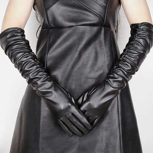 Faux Leather Long Fashion Women's Black Glossy Warm Gloves For Stage Performance - Image 3