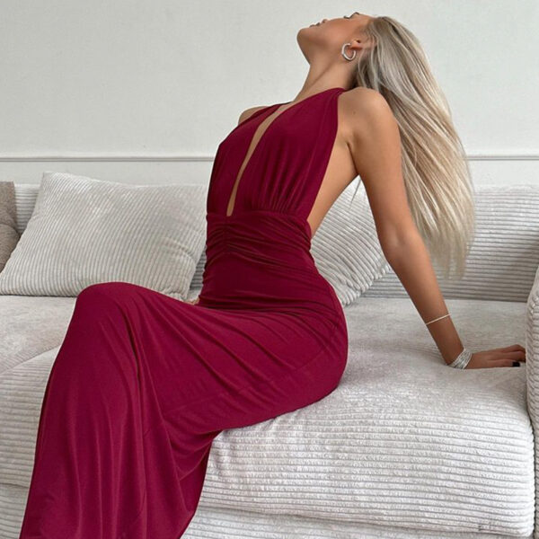 Women's Clothing V-neck Halter Backless Pleated High Waist Dress - Image 2