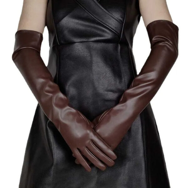 Faux Leather Long Fashion Women's Black Glossy Warm Gloves For Stage Performance - Image 7