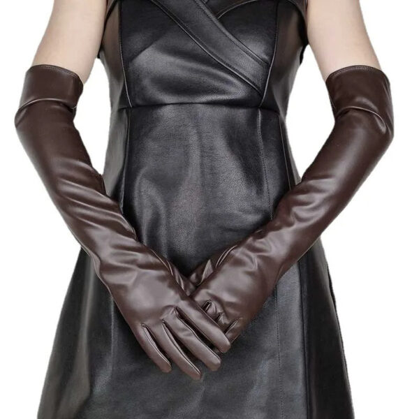 Faux Leather Long Fashion Women's Black Glossy Warm Gloves For Stage Performance - Image 4