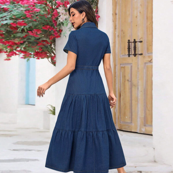 Denim Lapel Short Sleeve Waist-controlled Cardigan Long Dress - Image 5