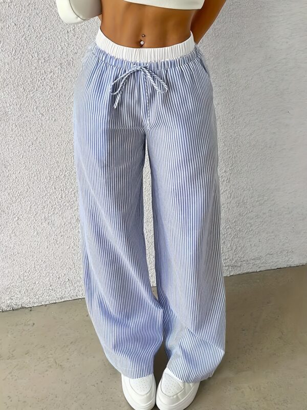 Leisure Commute Simple Blue Striped Draggle-tail Straight Trousers - Image 4