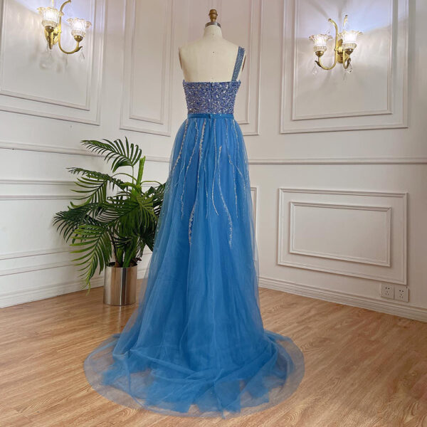 Blue Handmade Beaded Split Shoulder Fishtail Dress - Image 5