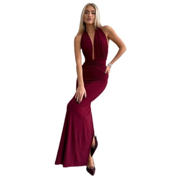 Women's Clothing V-neck Halter Backless Pleated High Waist Dress - Image 4