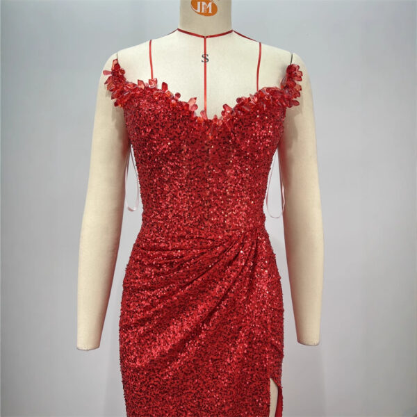 Drop-shaped Diamond Sexy Low-cut High Sitt Red Paillette Tube Coat And Dress - Image 4