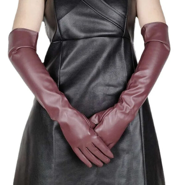 Faux Leather Long Fashion Women's Black Glossy Warm Gloves For Stage Performance - Image 6