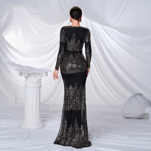 Long Sleeve V-neck Sexy Slim-fit Long Sequined Banquet Evening Dress - Image 3