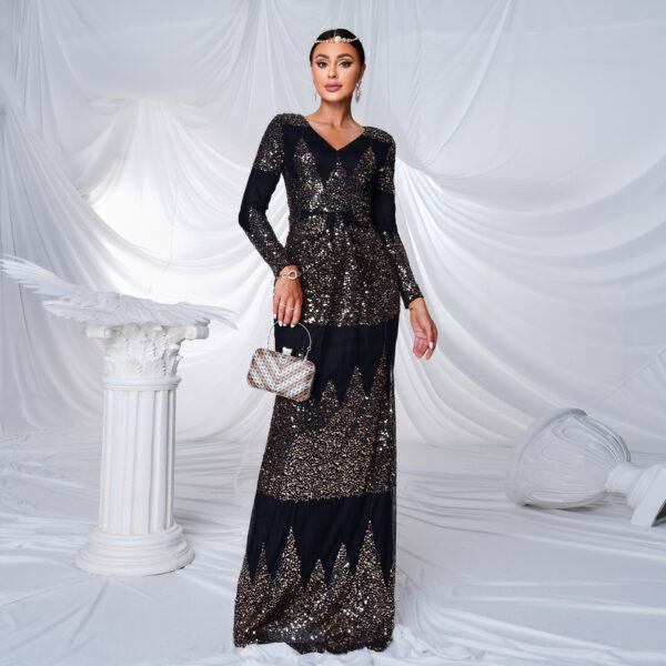 Long Sleeve V-neck Sexy Slim-fit Long Sequined Banquet Evening Dress - Image 6