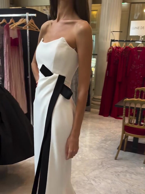 Strapless Black And White Contrasting Slit Dress - Image 2