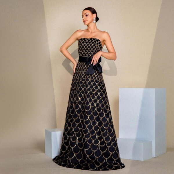 Off-neck Wrapped Chest Nipped-waist Large Swing Sequined Evening Dress - Image 5