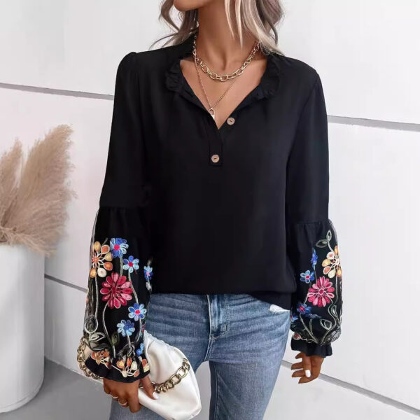 European And American Women's Long-sleeved Blouse Summer New Vacation Casual V-neck Top - Image 2