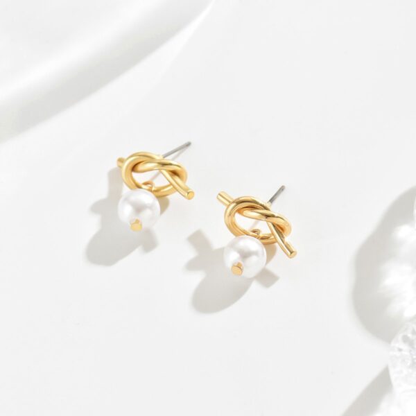 Elegant Gold Knot Stud Earrings With Pearl Drop - Image 5