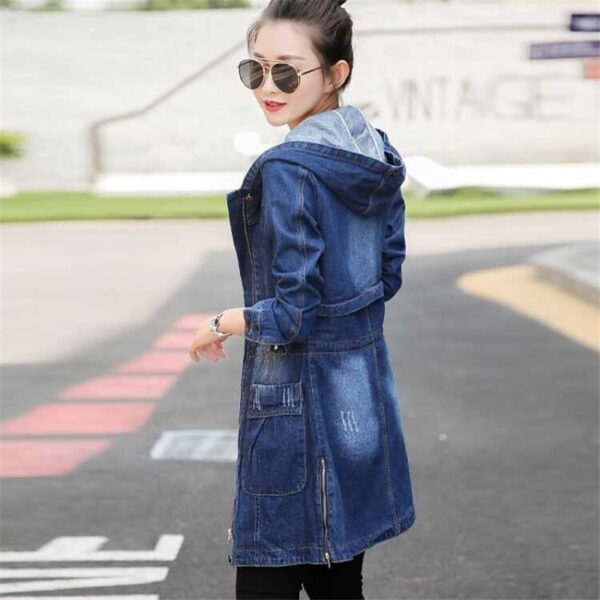 Women's Mid-length Long-sleeved Hooded Denim Jacket - Image 5