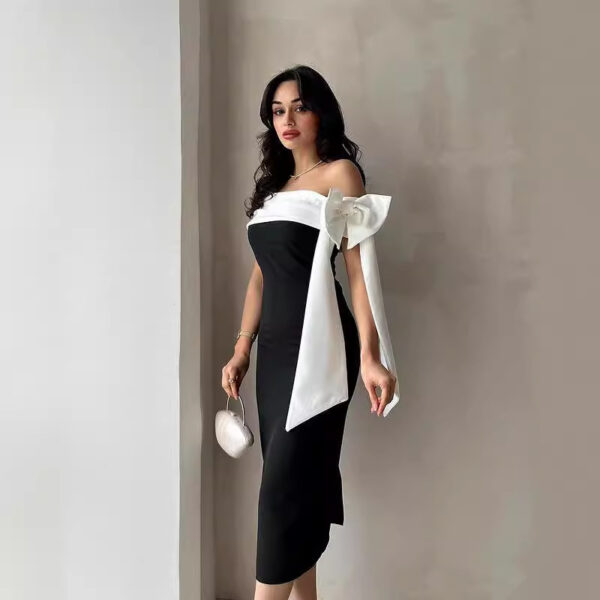 Women's Off-shoulder Bow Black And White Color Matching Elegant Cocktail Dress - Image 3